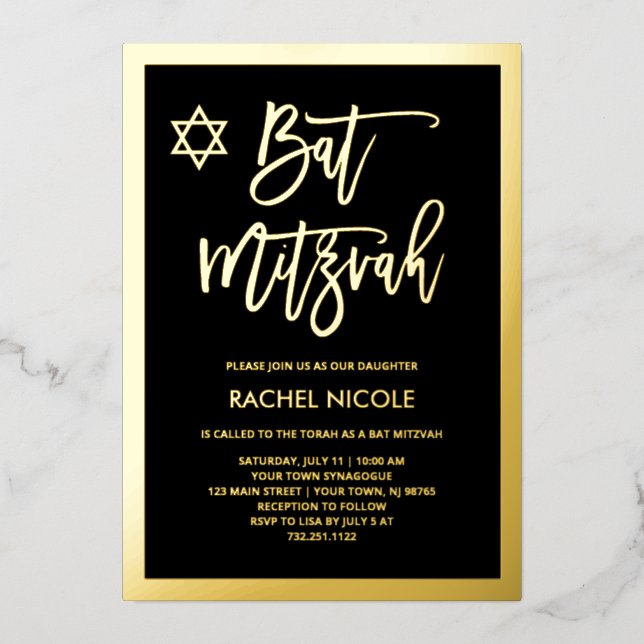 Moderner Goldfilm und schwarzer Bat Mitzvah Folieneinladung (Vorderseite)