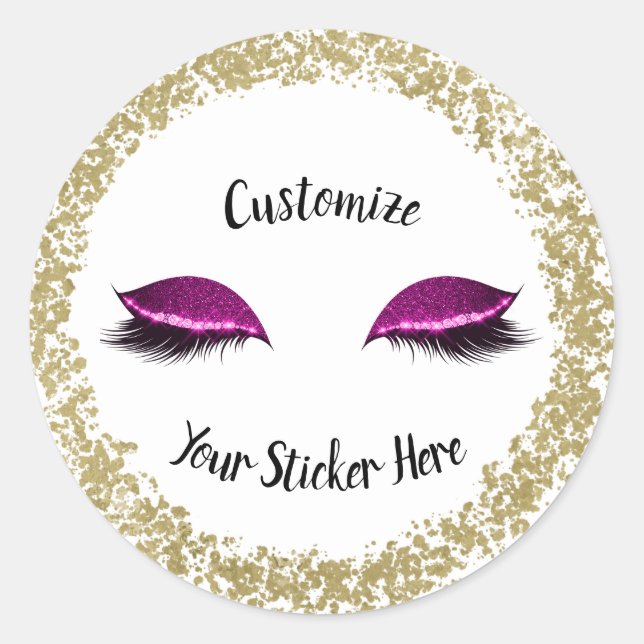 Moderner Goldrand Rosa Glitzer Makeup Eyelashes Runder Aufkleber (Vorderseite)