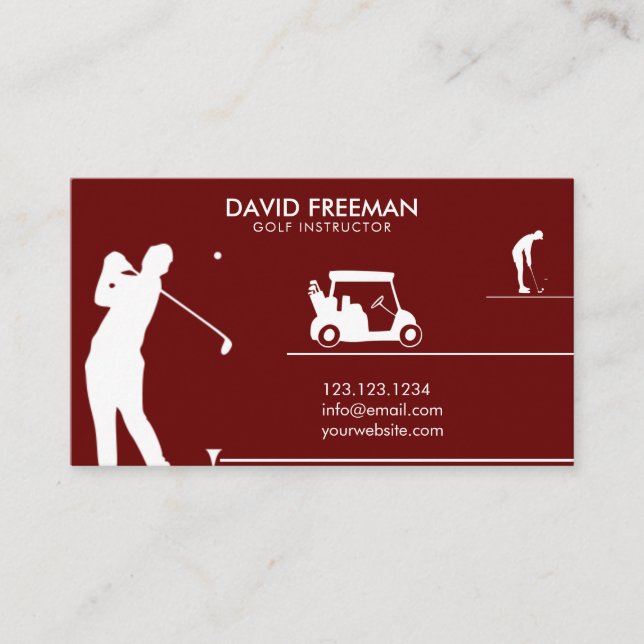 Moderner Golfer & Cart Dark Red Golf Instructor Visitenkarte (Vorderseite)