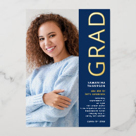 Moderner Grad 2025 Foto Abschluss Navy Gold Real Folieneinladung