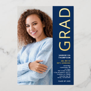 Moderner Grad 2025 Foto Abschluss Navy Gold Real Folieneinladung