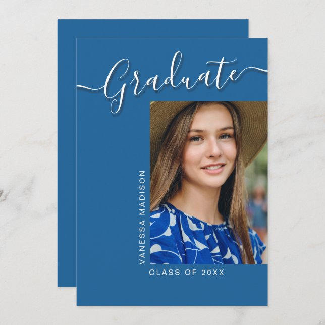 Moderner Grad | Blue 1 Foto Elegantes Script Ankündigung (Vorne/Hinten)