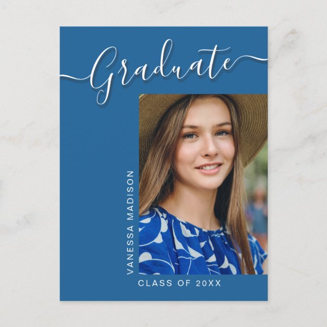 Moderner Grad | Blue 1 Foto Elegantes Script Postkarte (Vorderseite)