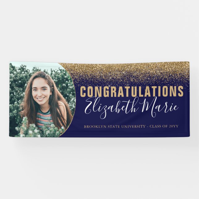 Moderner Graduate Grad Foto Navy Blue Gold Glitzer Banner (Horizontal)