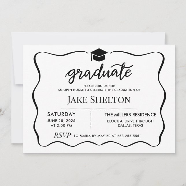 Moderner Graduate Hat Open House Abschluss Einladung (Vorderseite)
