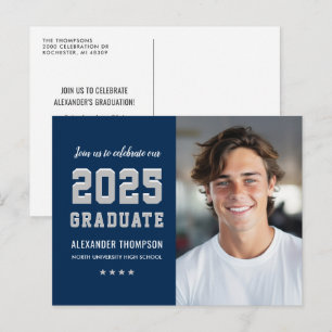Moderner Graduate Navy Gray Foto Abschluss 2023 Einladungspostkarte