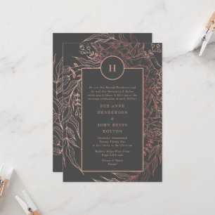 Moderner Grau-Eisen-Erz-Rose Gold Monogramm-Kranz Einladung