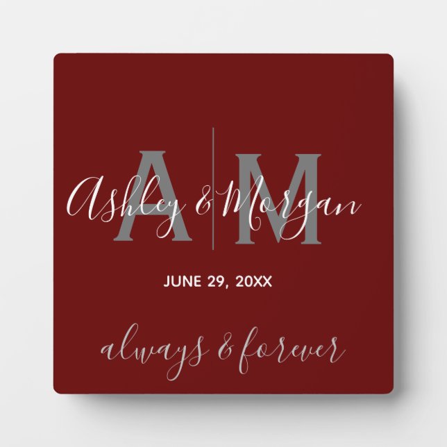 Moderner Grau-Rot-Monogramm-Hochzeitssake Fotoplatte (Vorderseite)