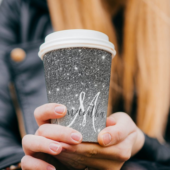 Moderner grauer Glitzer Glitzern Personalisiert Na Pappbecher (Von Creator hochgeladen)