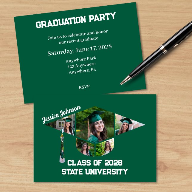 Moderner grüner Abschluss Form Foto Collage Party Einladung (Modern Green Photo Graduation Party Invite with a Photo Collage in the Shape of a Grad Cap)