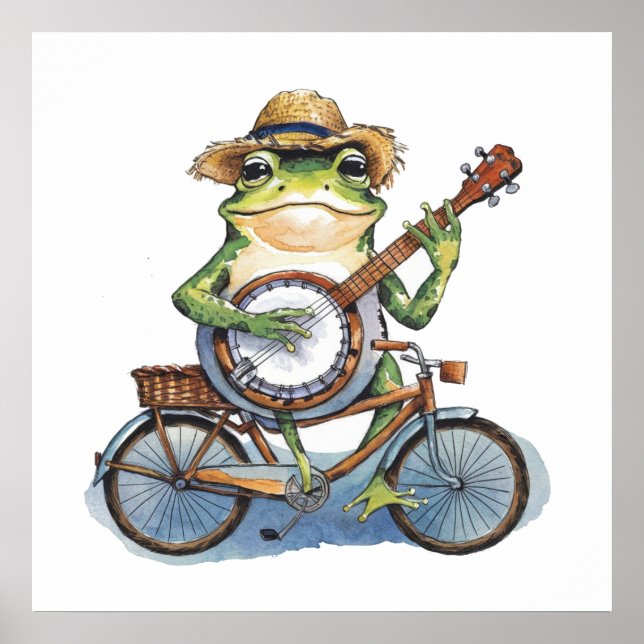 Moderner, grüner Frosch mit Gitarre auf dem Rad Poster (Vorne)