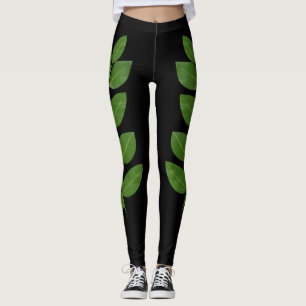 Moderner Grüner Laurel Verlasse auf Schwarz Leggings