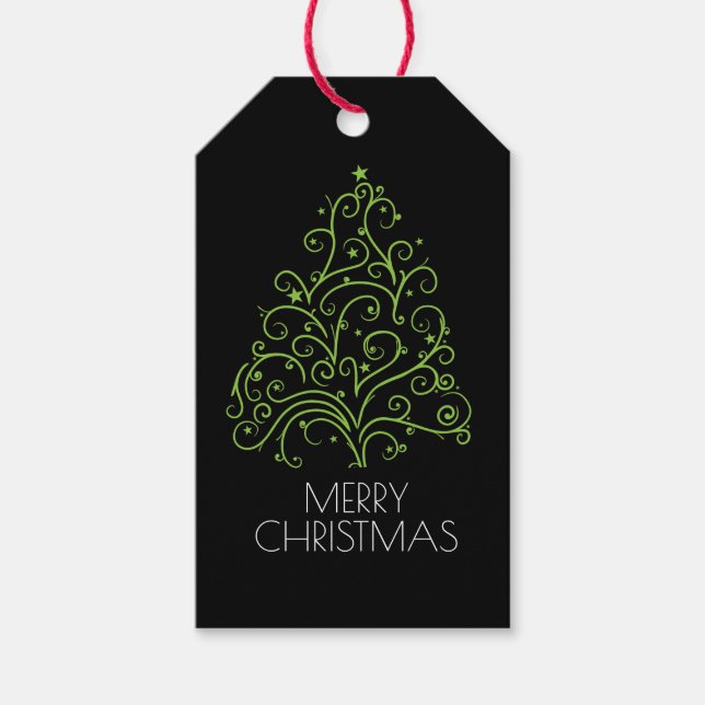 Moderner, grüner Swirl Weihnachtsbaum Frohe Weihna Geschenkanhänger (Vorderseite)