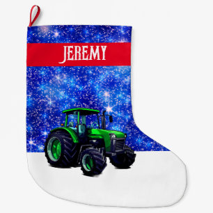 Moderner grüner Traktor auf Blue Großer Weihnachtsstrumpf