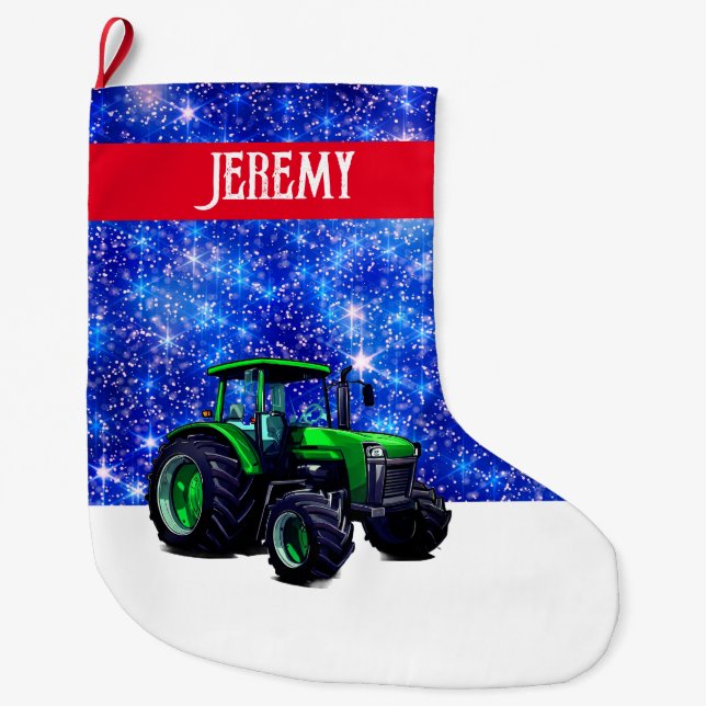 Moderner grüner Traktor auf Blue Großer Weihnachtsstrumpf (Vorderseite)
