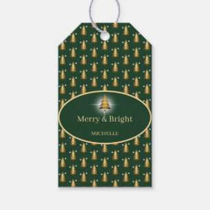 Moderner grüner Weihnachtsbaum mit goldenem Glitte Geschenkanhänger