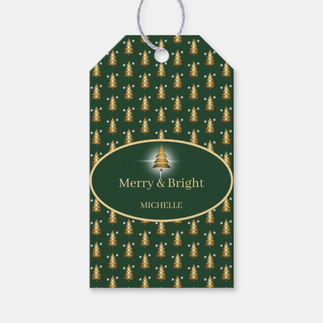 Moderner grüner Weihnachtsbaum mit goldenem Glitte Geschenkanhänger (Vorderseite)