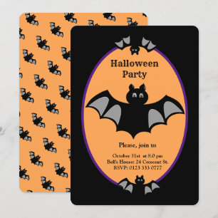 Moderner Halloween-Fledermaus auf Schwarz und Oran Einladung