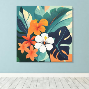 Moderner hawaiianischer Hibiskus und Plumeria aus Leinwanddruck