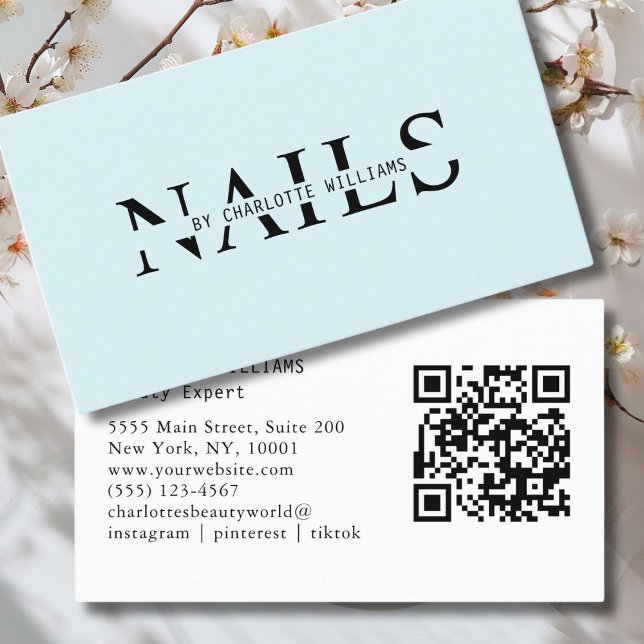 Moderner, hellblauer QR-Code Visitenkarte (Modern, Light-Blue, Salon, Beauty, QR Code Business Card.)