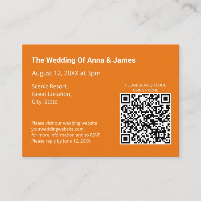 Moderner, heller Orange-Hochzeitcode Begleitkarte (Vorderseite)