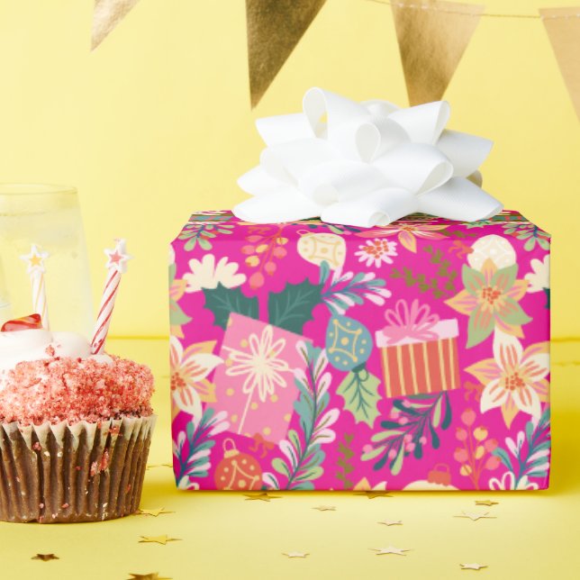 Moderner, hellrosa Retro-Weihnachtsurlaub Geschenkpapier (Geburtstagsparty)