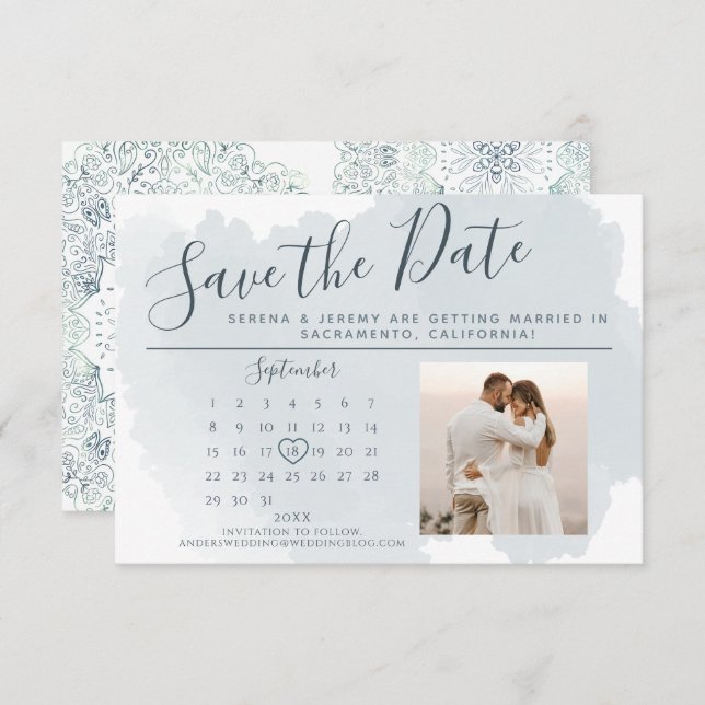 Moderner Hochzeitsskalender mit blauem Wasser Save The Date (Vorne/Hinten)