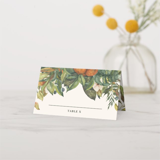Moderner Hochzeitstisch Zitrusfrüchte Orangenblüte Platzkarte (Vorderseite)