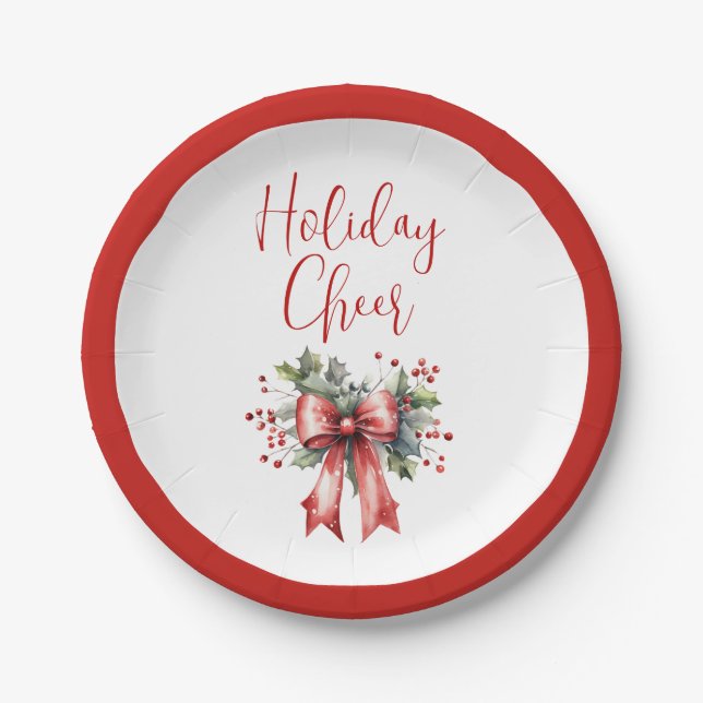 Moderner Holiday Cheer Script Red Bow Holly Pappteller (Vorderseite)