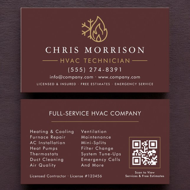 Moderner HVAC-Burgunder-Gold-QR-Code Visitenkarte (Von Creator hochgeladen)