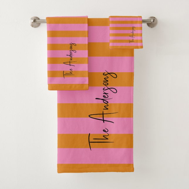 Moderner Individuelle Name aus rosa und orangefarb Badhandtuch Set (Insitu)