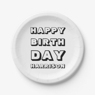 Moderner Individuelle Name Happy Birthday Schwarz- Pappteller