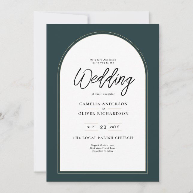 Moderner JUNIPER Green Gold Wedding INVITE QR Code Einladung (Vorderseite)