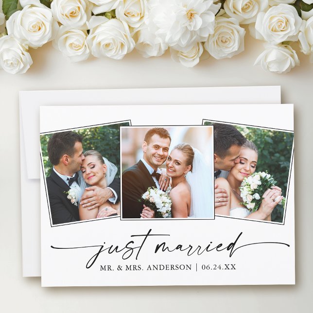 Moderner Kalligraphie-Tinte Pen 3 Fotos Hochzeit Ankündigung (Customize to add text to back of card.)