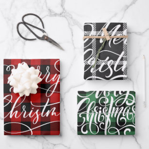Moderner Karierter Gingham Frohe Weihnachtsfeierta Geschenkpapier Set