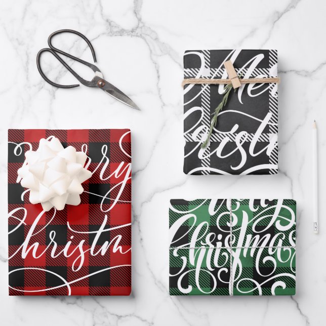 Moderner Karierter Gingham Frohe Weihnachtsfeierta Geschenkpapier Set (Vorderseite)