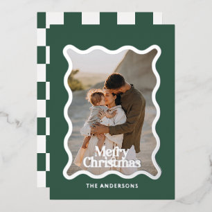 Moderner Karo Grün Foto Weihnachten Folieneinladung