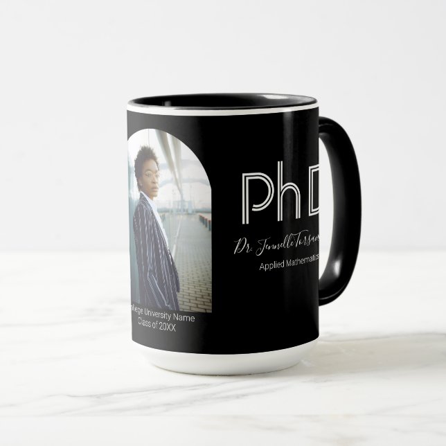 Moderner Keepake Schwarz-weißer Foto PhD-Abschluss Tasse (VorderseiteRechts)