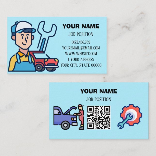 Moderner KFZ-Mechaniker QR-Code Hellblau Visitenkarte (Vorne/Hinten)