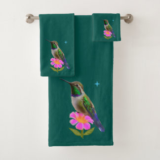 Moderner Kolibri und Blume auf Blau Grün Badhandtuch Set