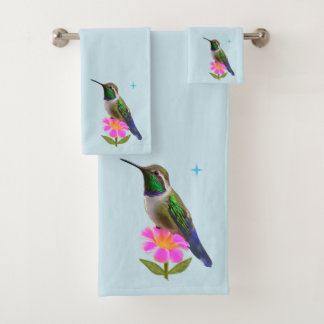 Moderner Kolibri und Blume auf Hellblau Badhandtuch Set