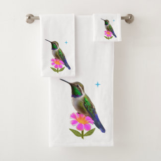Moderner Kolibri und Blume auf Weiß Badhandtuch Set