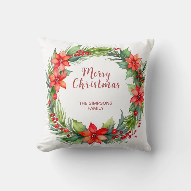 Moderner Kranz und Drehbuch Frohe Weihnachten Kissen (Vorderseite)