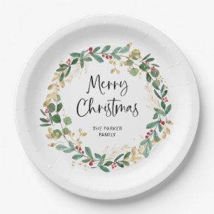 Moderner Kranz und Skript   Frohe Weihnachten Pappteller