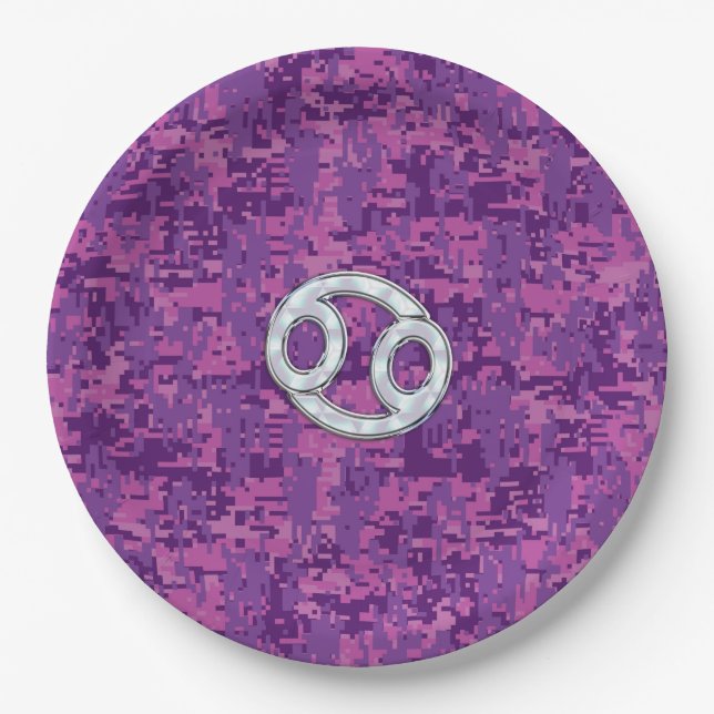 Moderner Krebs Zodiac signieren Pink Digital Camou Pappteller (Vorderseite)