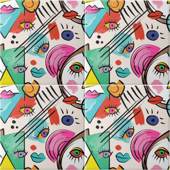 Moderner Kubismus Abstrakte Künstlerische Female F Fliese (Modern Cubism Abstract Artsy Female Faces Art Ceramic Tile)