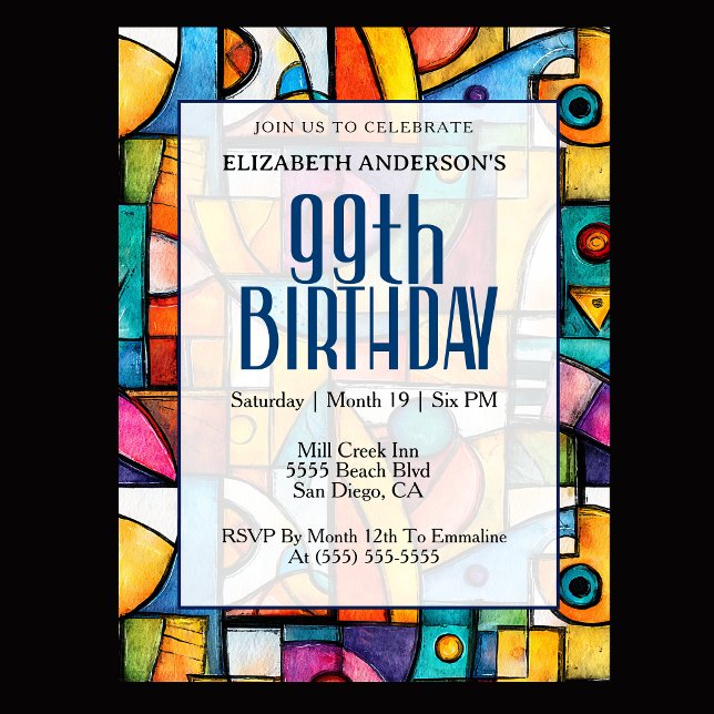 Moderner kubistischer 99. Geburtstag Einladung (Modern colorful abstract 99th birthday invitation for elegant milestone celebration
)
