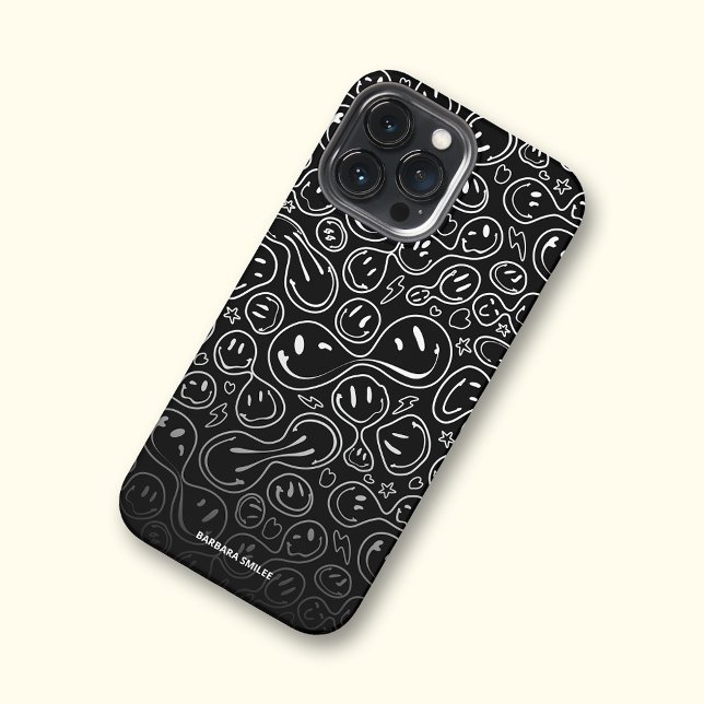 Moderner Lächeln Lächelnder Individuelle Name iPhone 13 Pro Max Hülle (Modern smile face, smiling face, smile pattern, smiling face pattern, black and white custom name)