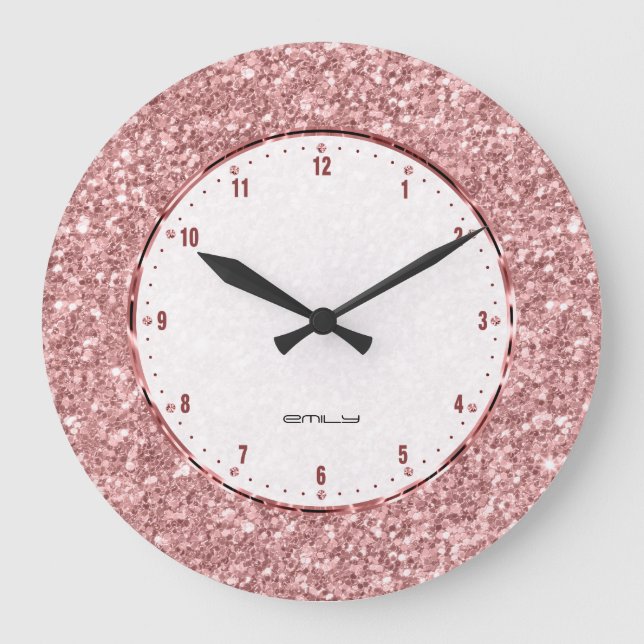 Moderner Lachs Rosa Glitzer Textur Große Wanduhr (Vorderseite)