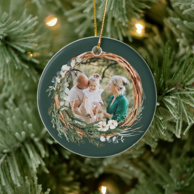 Moderner Laubkranz Foto Weihnachtsgrün Keramik Ornament (Baum)